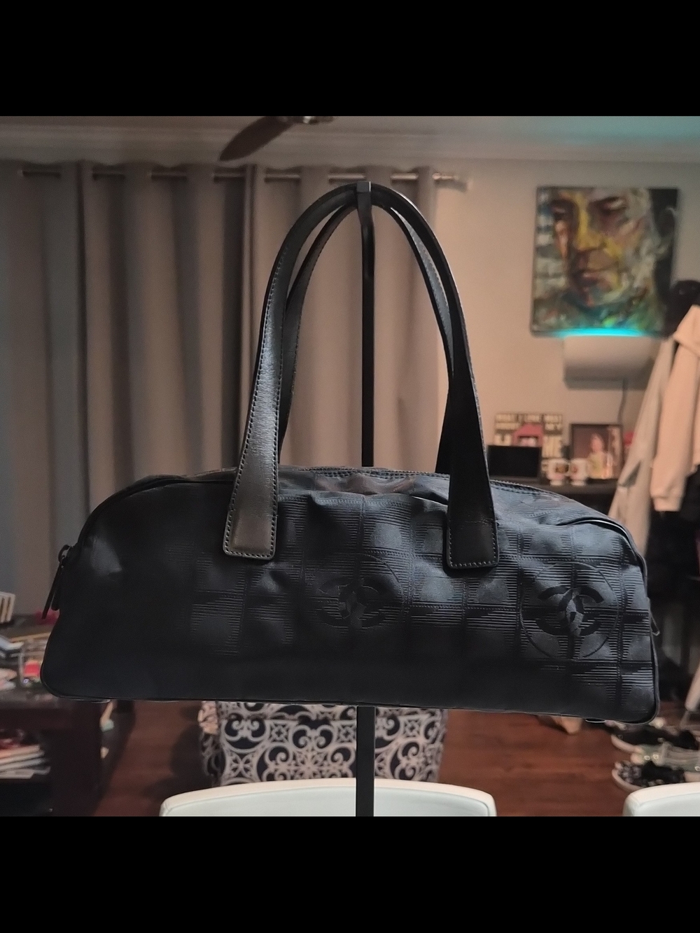 Authentic Chanel New Travel Line Mini Boston Bag Black Jacquard Nylon Vintage